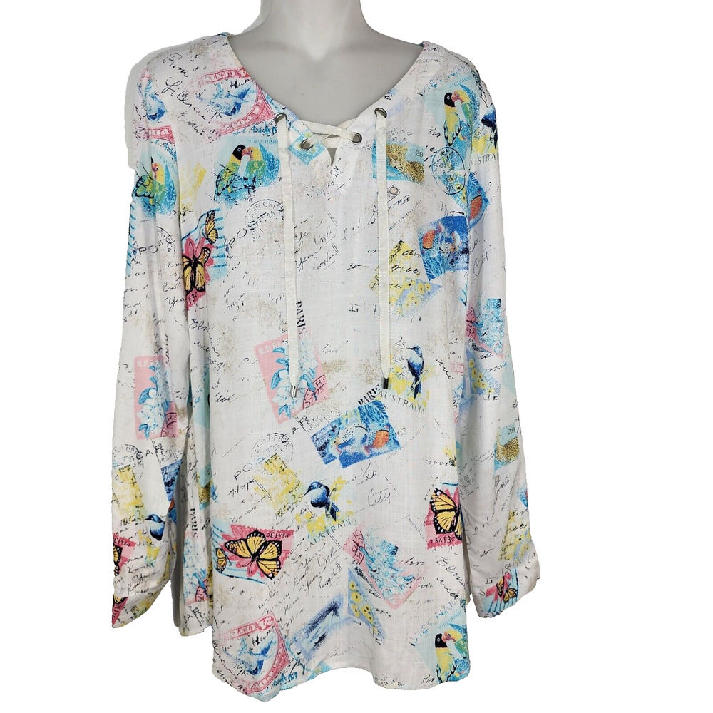 Chico's Tunic Top Size 1 Medium Postcards From Afar Lace-Up Pullover Whimsical